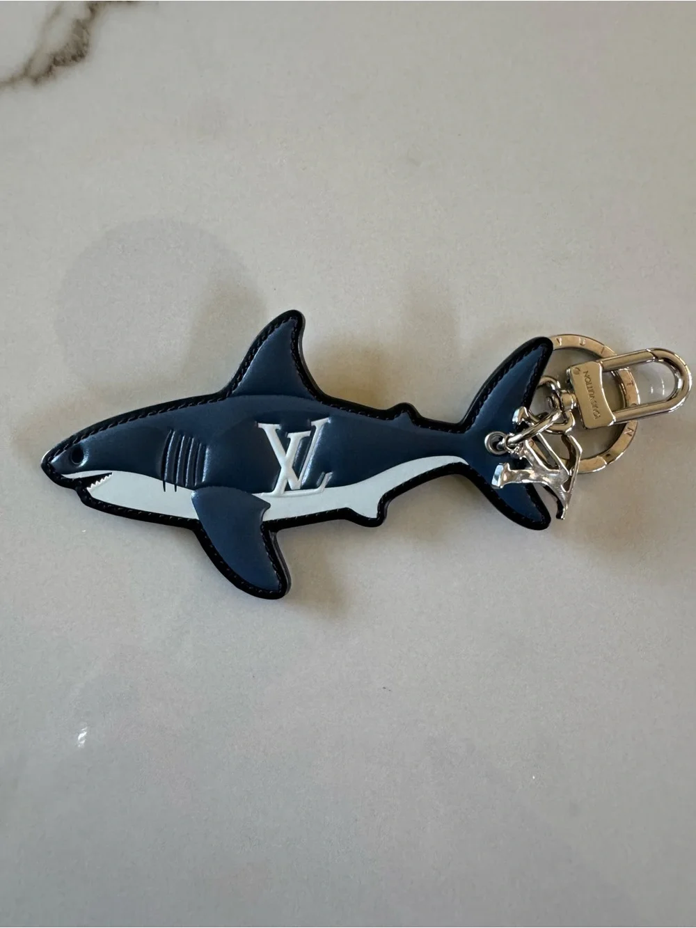 Louis Vuitton Navy and White Shark Key Charm with Silver Hardware